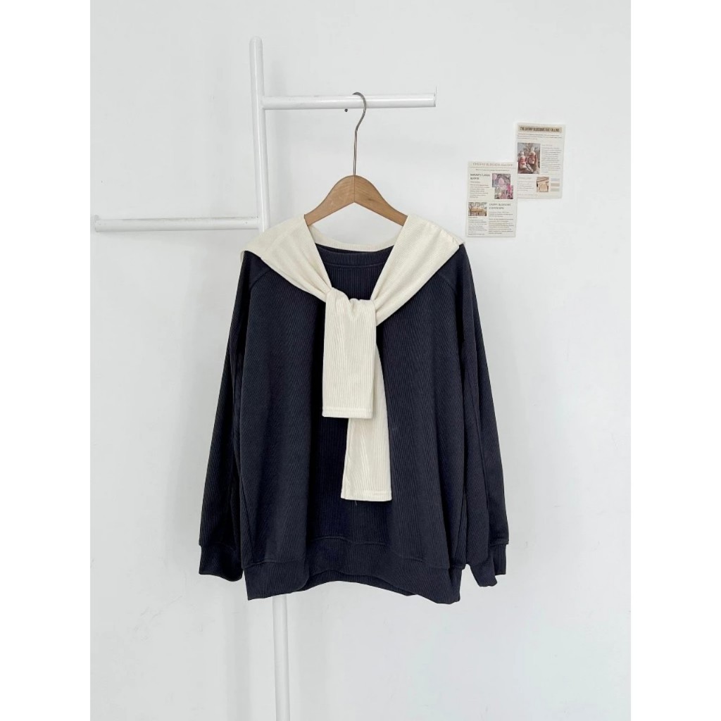 Áo sweater thủy thủ tặng kèm khăn rời, áo nỉ tăm trơn dài tay form rộng basic nhiều màu - TIva Shop A62
