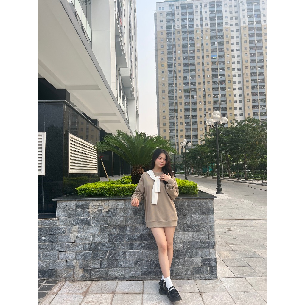 Áo sweater thủy thủ tặng kèm khăn rời, áo nỉ tăm trơn dài tay form rộng basic nhiều màu - TIva Shop A62