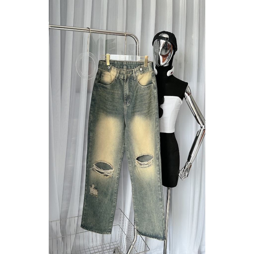 Quần jean nữ ống rộng rách bụi Bigsize 55kg-90kg, kiểu dáng suông rộng rách thời trang Bigsize cao cấp MS189-1 2KJeans