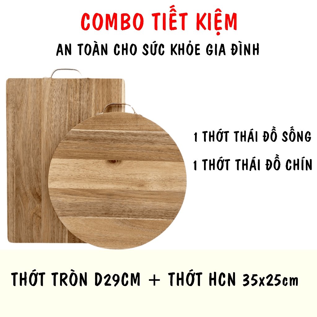 Thớt gỗ keo cao cấp thái chặt  dày 2cm có quai cầm inox Tre Làng