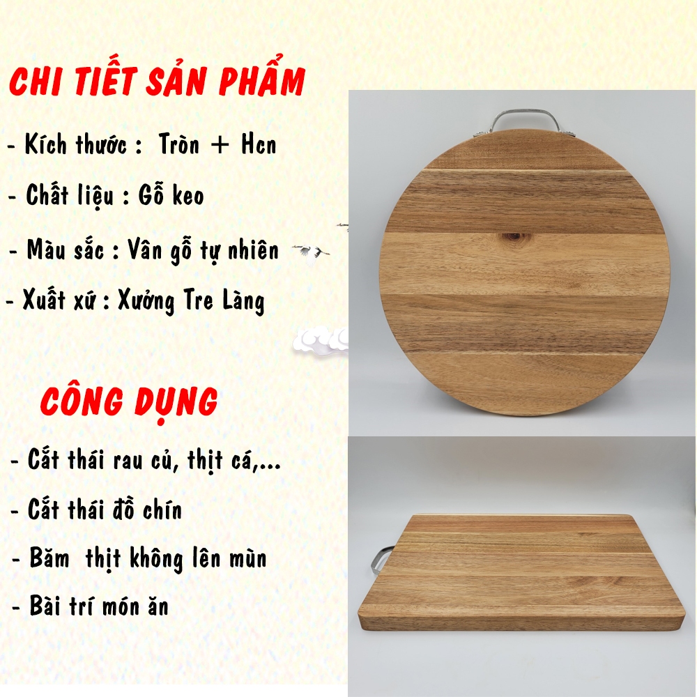 Thớt gỗ keo cao cấp thái chặt  dày 2cm có quai cầm inox Tre Làng