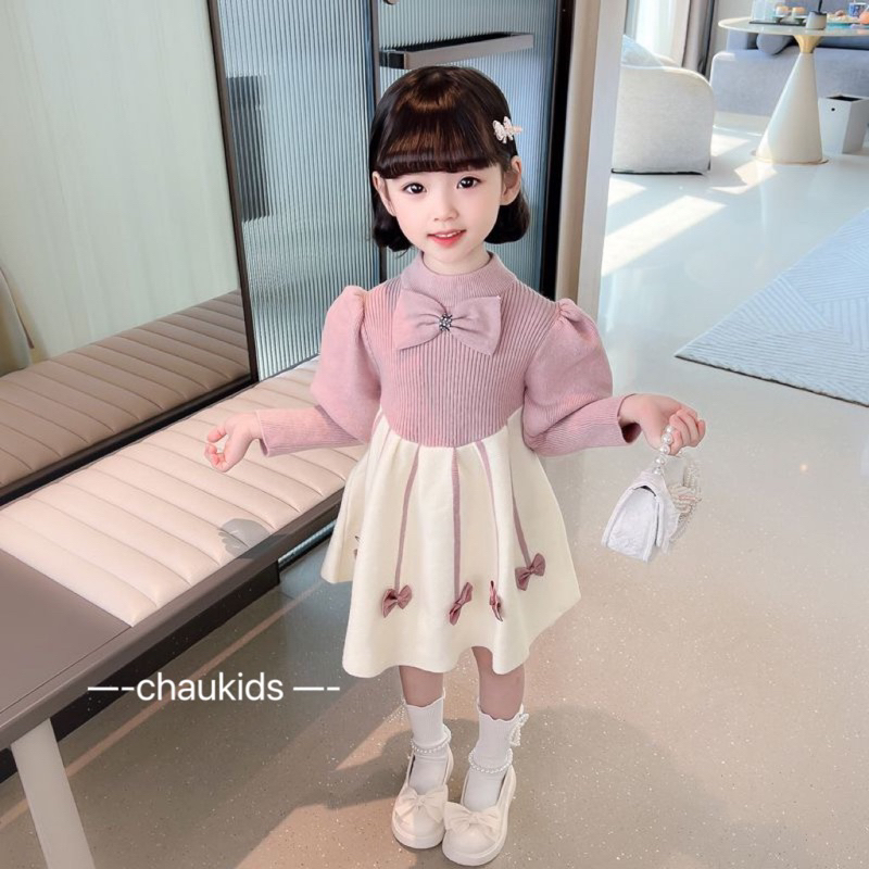 8-19kg váy đỏ len lông nhung chân váy xoè nơ cổ tròn cho bé gái, váy đỏ noel tết cho bé gái