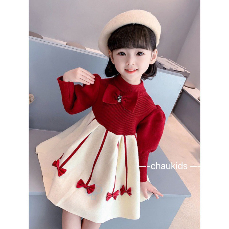 8-19kg váy đỏ len lông nhung chân váy xoè nơ cổ tròn cho bé gái, váy đỏ noel tết cho bé gái