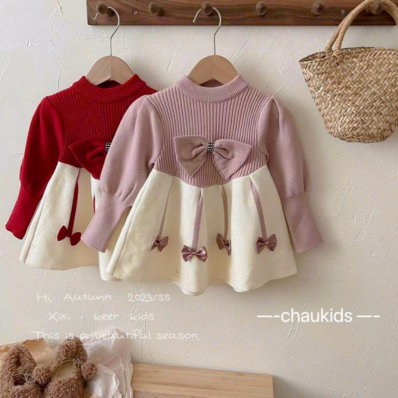 8-19kg váy đỏ len lông nhung chân váy xoè nơ cổ tròn cho bé gái, váy đỏ noel tết cho bé gái