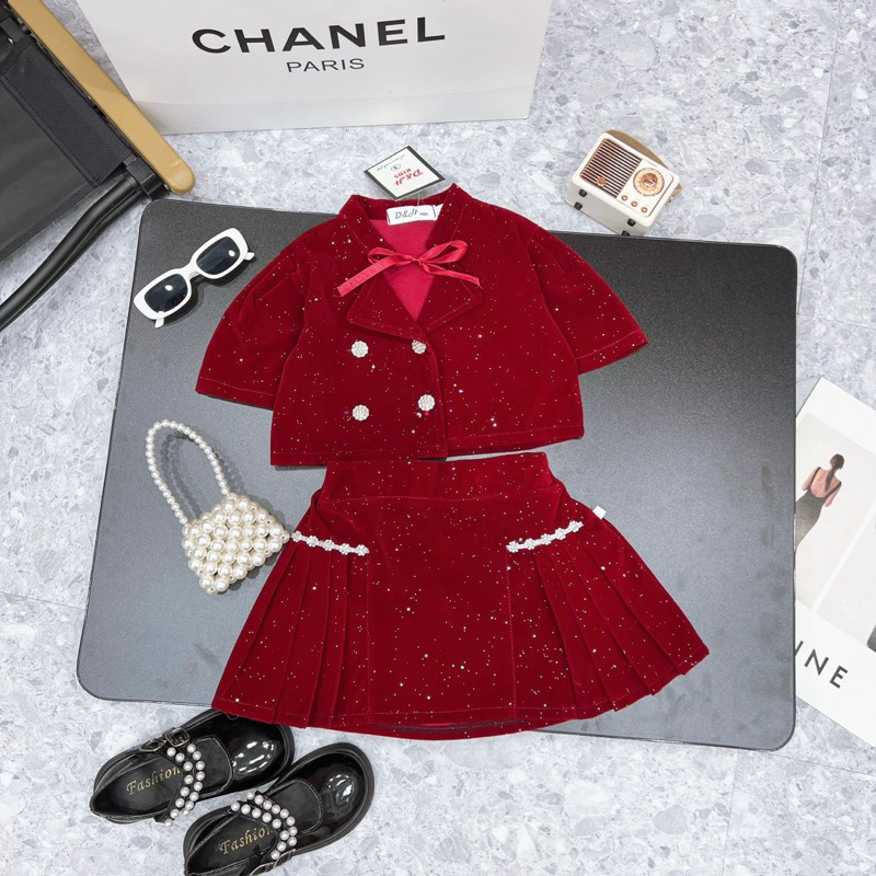 10-22kg  set 2ct áo nhung nhũ mix chân váy xoè cho bé gái