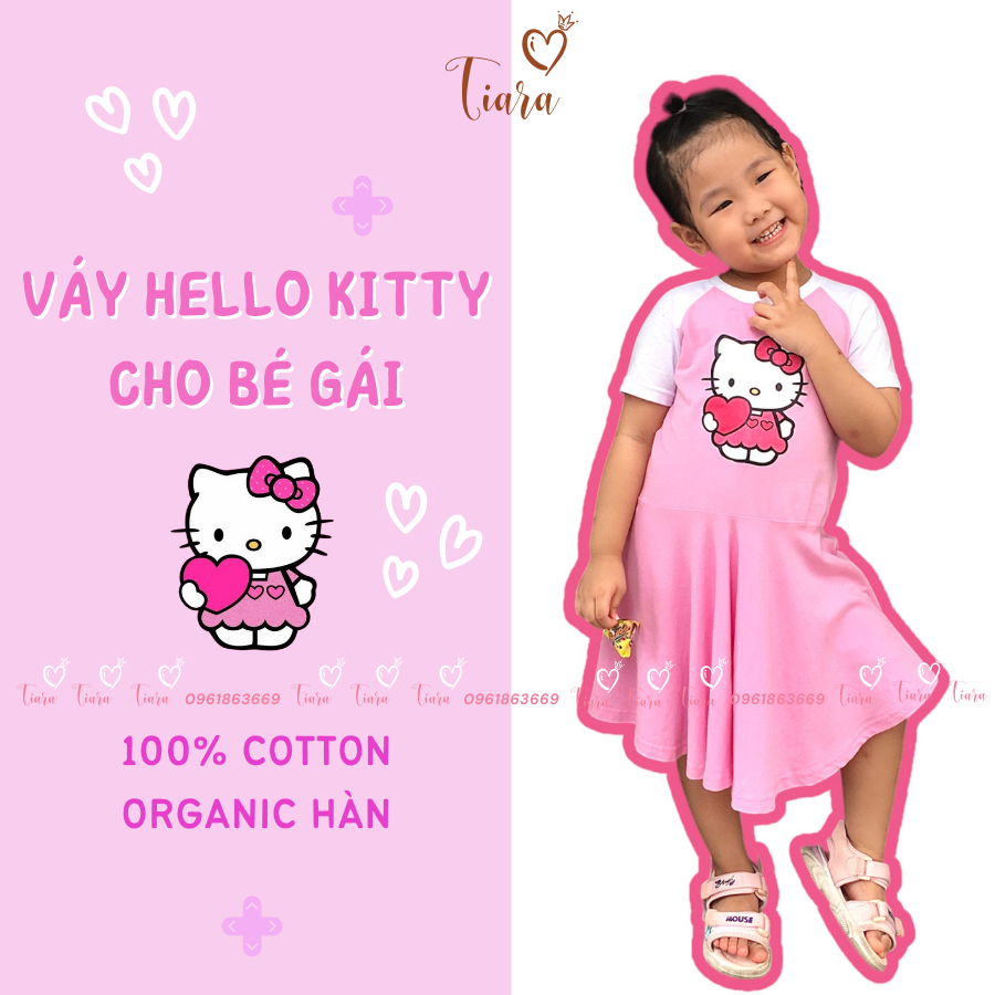 Váy bé gái hello kitty TIARA vải thun cotton organic Hàn co giãn 4 chiều, size 0,1,2,3,4,5,6 tuổi, từ 8kg đến 22kg