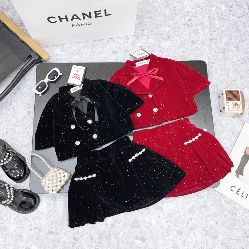 10-22kg  set 2ct áo nhung nhũ mix chân váy xoè cho bé gái