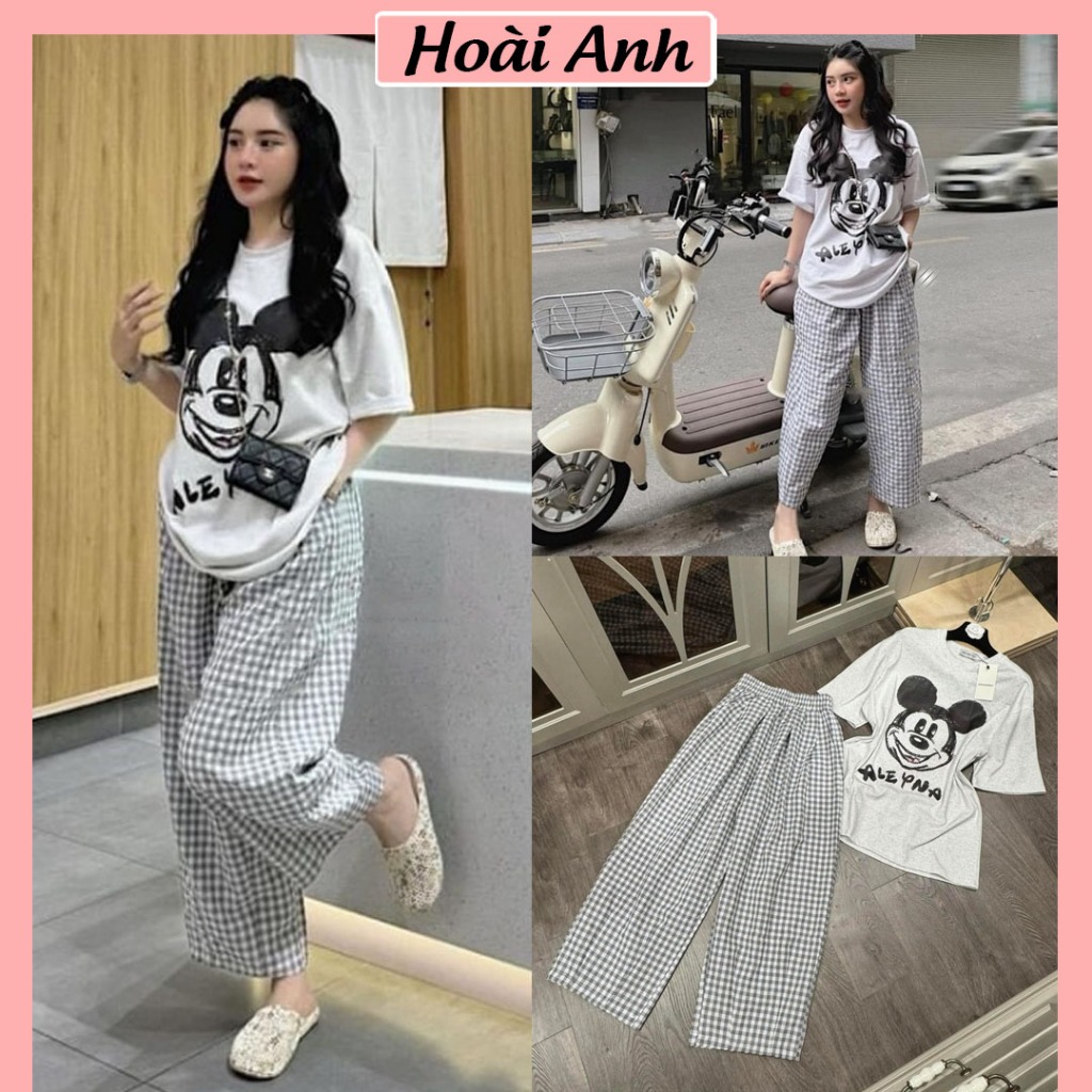 Set Bộ Đồ Nữ Áo Phông Xám Mickey Cười Ngắn Tay Form Thụng Mix Quần Dài Suông Kẻ Caro Freesize