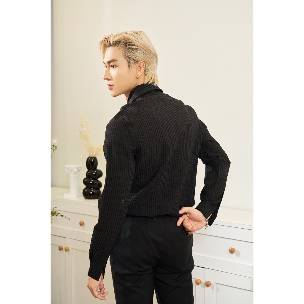 Áo Sơ Mi Nam Dài Tay Phối 3 Nút Trắng/Đen Thương Hiệu Mr Twins