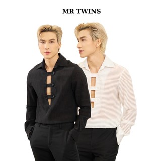 Áo Sơ Mi Nam Dài Tay Phối 3 Nút Trắng/Đen Thương Hiệu Mr Twins
