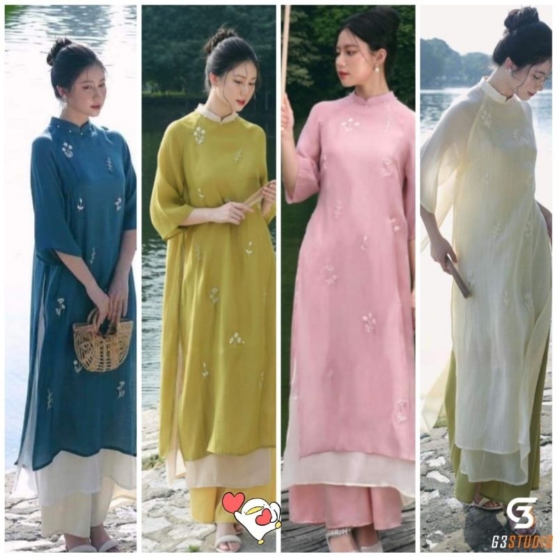 Aoa dài tơ crep thêu hoa 4 tà cao cấp giá rẻ mềm mại hàng may kĩ bán sỉ