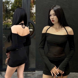 BIGSIZE HIẾU HIẾU - Set áo lưới trễ vai tay dài cột dây yếm kèm chân váy chữ A 55-95kg