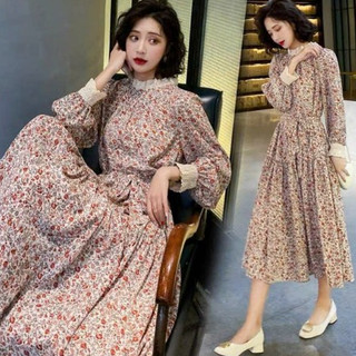 Váy bầu công sở - Đầm bầu hoa nhí mẫu thiết kế mới chất đũi hàn freesize tới 70kg - Tổng kho váy bầu