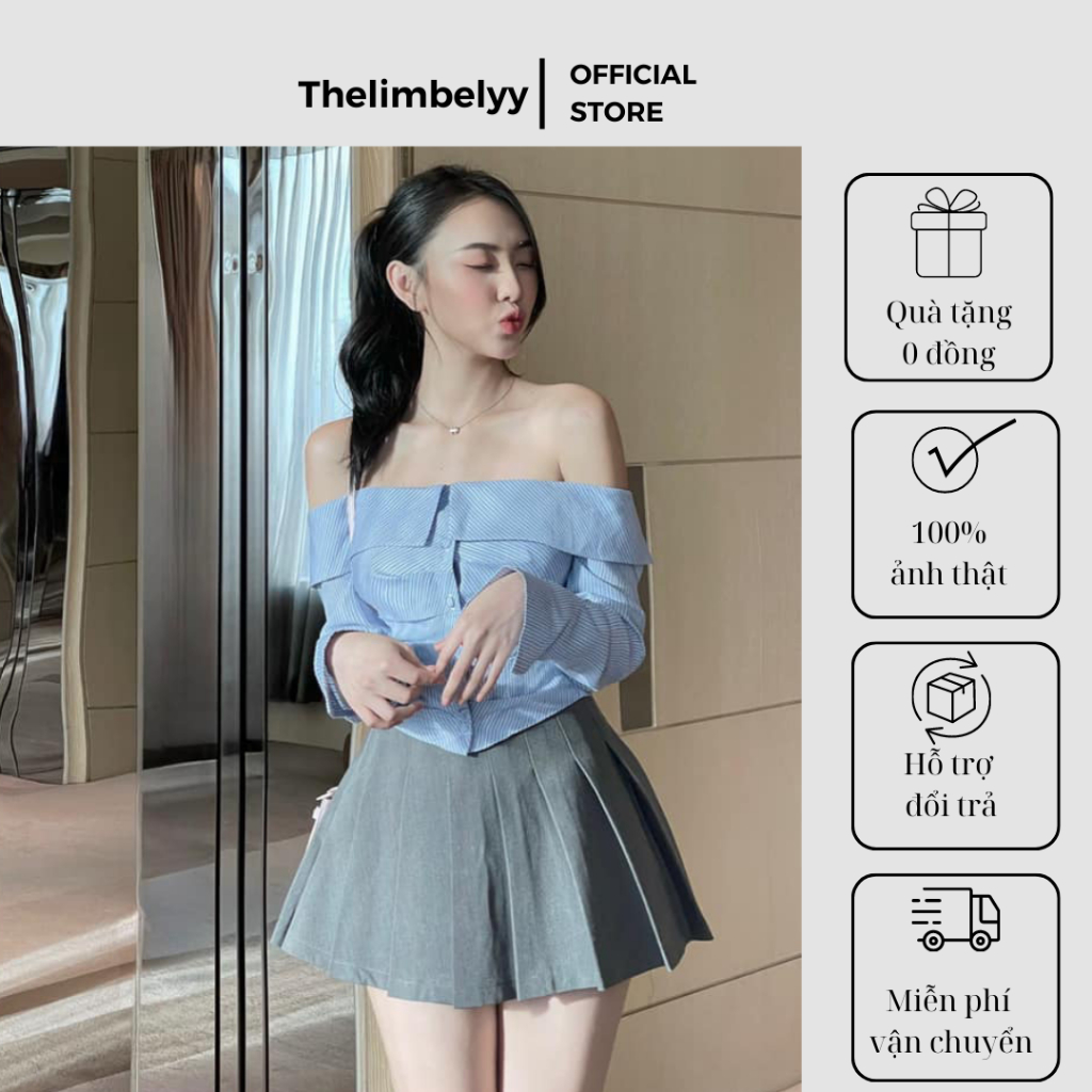 Set Áo Trễ Vai Phối Chun Lưng Kèm Chân Váy Xếp Ly Thiết Kế Áo Kiểu Thelimbelyy