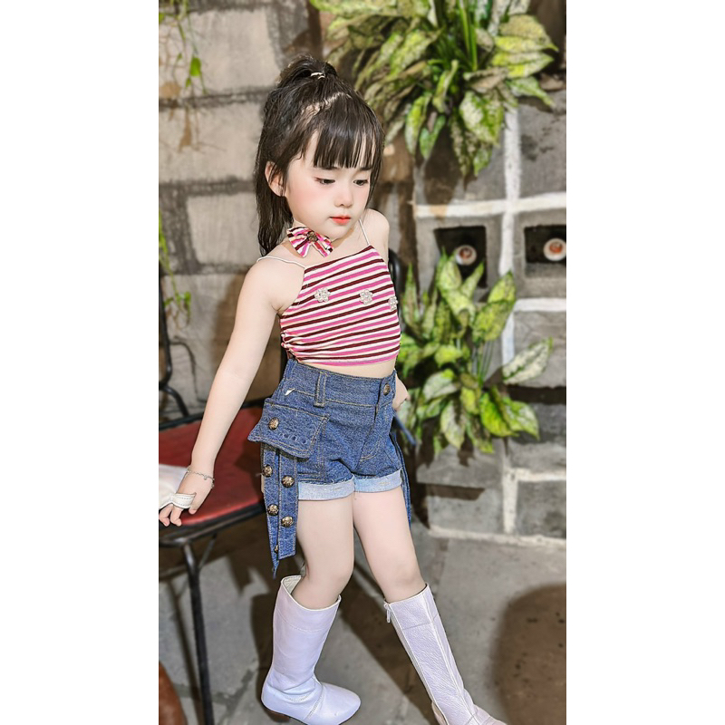 Sét quần đùi jeans áo 2 dây cho bé gái