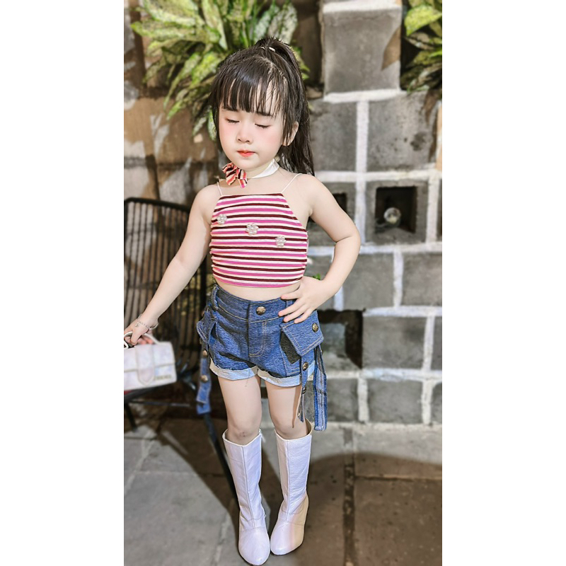 Sét quần đùi jeans áo 2 dây cho bé gái