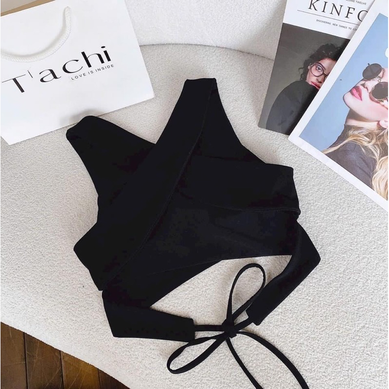 Florence- Set áo croptop cổ V chéo dây lưng và chân váy chữ A