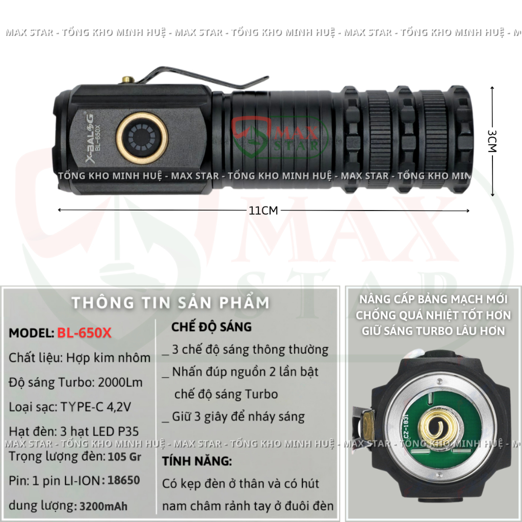 Đèn pin cầm tay mini siêu nhỏ siêu sáng tỏa X-BALOG 650X vỏ nhôm chống nước IPX7 độ sáng tối đa 2000 lumen Đèn cầm tay