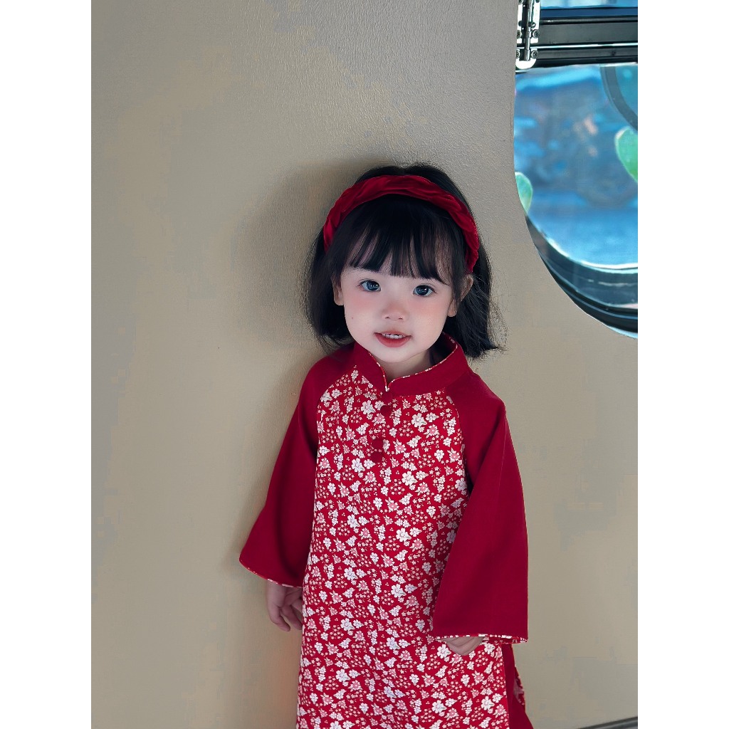 Áo dài bé gái họa tiết hoa nhí hồng tay trắng, Áo dài cách tân cổ tàu TẶNG kèm bờm chất liệu nhung tăm cho bé 10-26kg