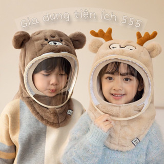 TE23 Mũ trùm đầu kèm khăn cho bé 1-10 tuổi, Mũ len có kính chắn bảo vệ, chất lông dày dặn, hình con vật dễ thương