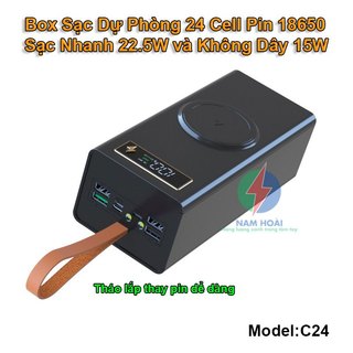  Box sạc dự phòng 24 cell pin 18650 sạc nhanh QC,PD 3.0 22.5W sạc nhanh không dây 15W Nam Châm Từ Tính  Không gồm pin  
