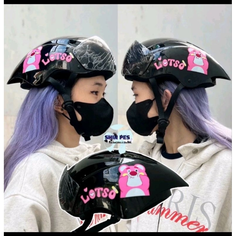 Nón bảo hiểm đuôi nhọn hình gấu dâu size từ 18 tuổi trở lên  tặng kèm tai mèo cute