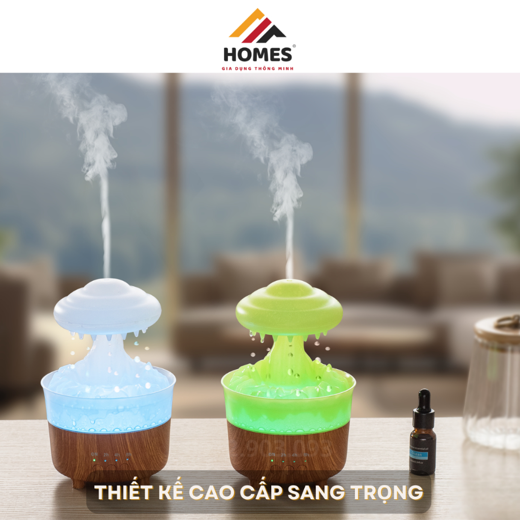 Máy Phun Sương Tạo Ẩm Không Khí Hình Nấm, Hiệu Ứng Mưa Rơi, Xông Tinh Dầu, Có Đèn LED Nhiều Màu, Hẹn Giờ Tắt, RainDrop