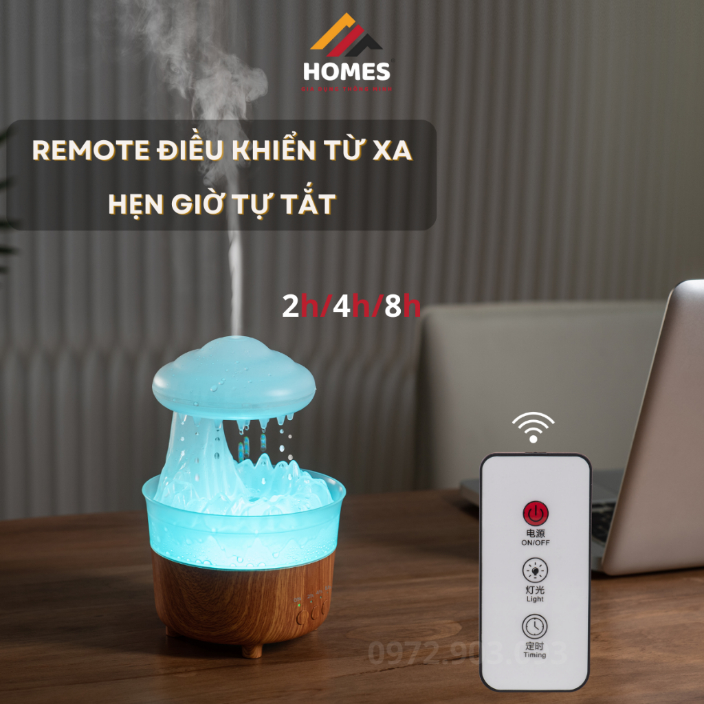 Máy Phun Sương Tạo Ẩm Không Khí Hình Nấm, Hiệu Ứng Mưa Rơi, Xông Tinh Dầu, Có Đèn LED Nhiều Màu, Hẹn Giờ Tắt, RainDrop