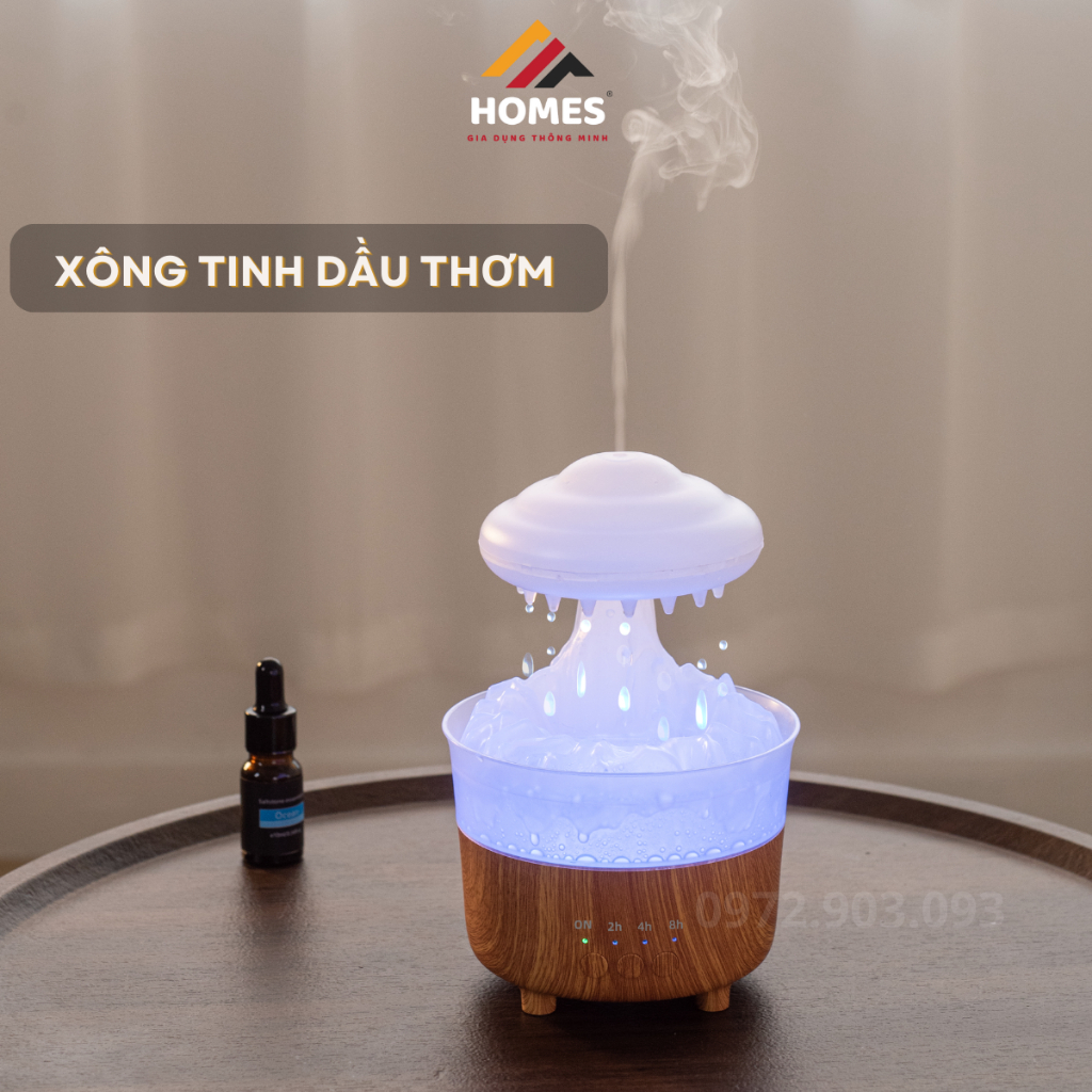 Máy Phun Sương Tạo Ẩm Không Khí Hình Nấm, Hiệu Ứng Mưa Rơi, Xông Tinh Dầu, Có Đèn LED Nhiều Màu, Hẹn Giờ Tắt, RainDrop