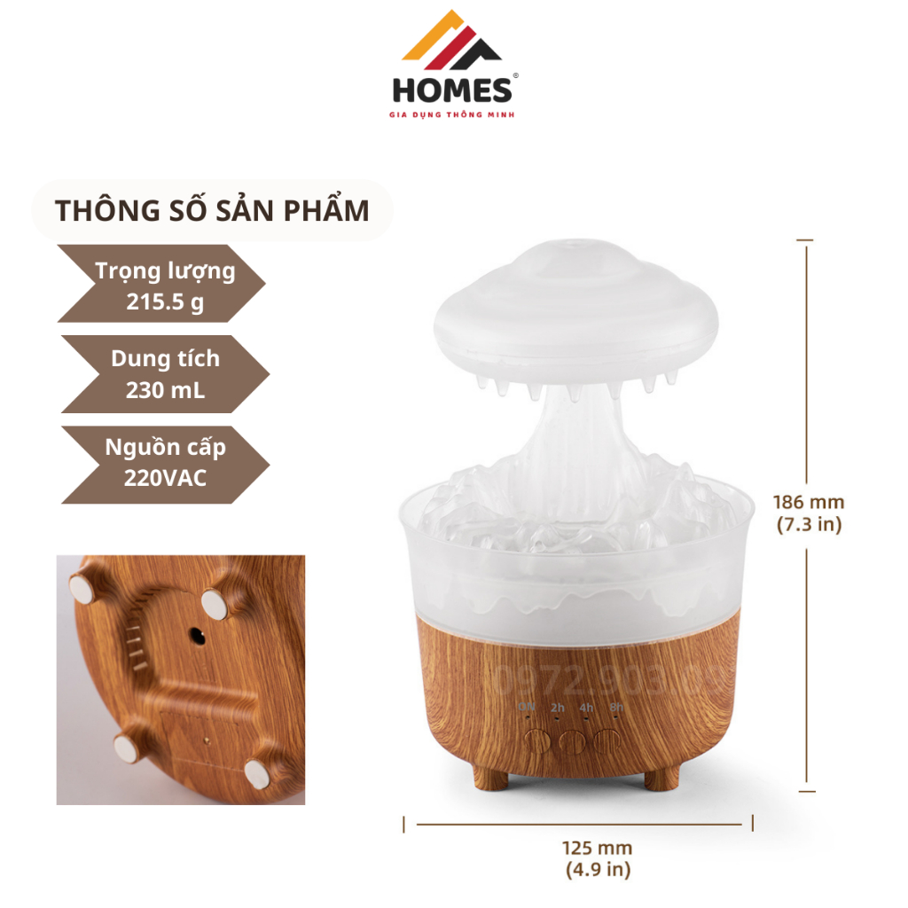 Máy Phun Sương Tạo Ẩm Không Khí Hình Nấm, Hiệu Ứng Mưa Rơi, Xông Tinh Dầu, Có Đèn LED Nhiều Màu, Hẹn Giờ Tắt, RainDrop