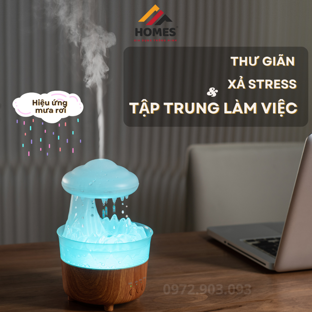 Máy Phun Sương Tạo Ẩm Không Khí Hình Nấm, Hiệu Ứng Mưa Rơi, Xông Tinh Dầu, Có Đèn LED Nhiều Màu, Hẹn Giờ Tắt, RainDrop