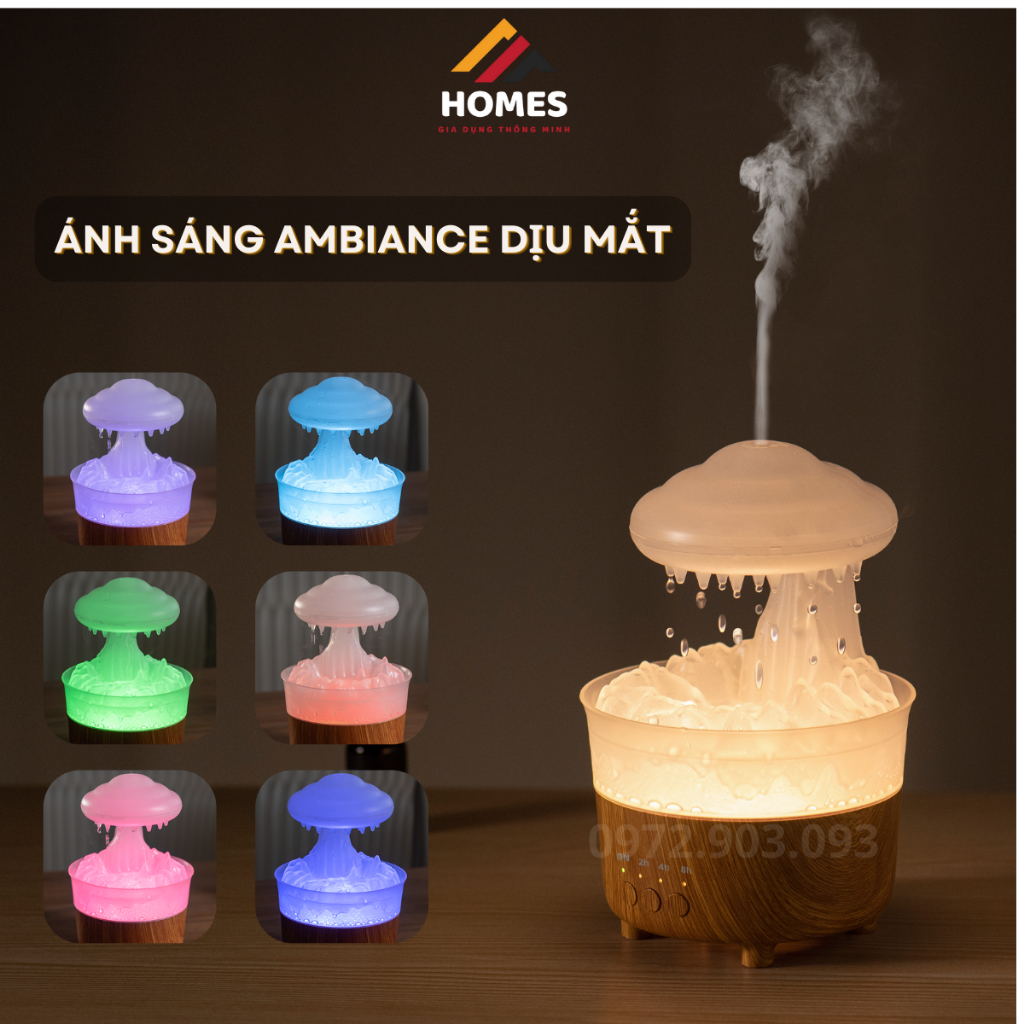 Máy Phun Sương Tạo Ẩm Không Khí Hình Nấm, Hiệu Ứng Mưa Rơi, Xông Tinh Dầu, Có Đèn LED Nhiều Màu, Hẹn Giờ Tắt, RainDrop