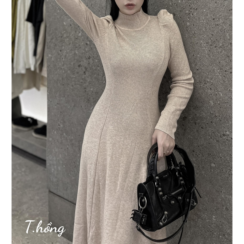 Váy len tay bồng dáng dài trơn 3 màu hót dày dặn