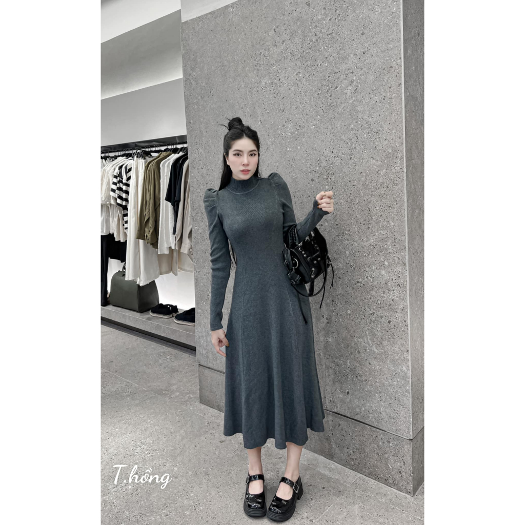 Váy len tay bồng dáng dài trơn 3 màu hót dày dặn