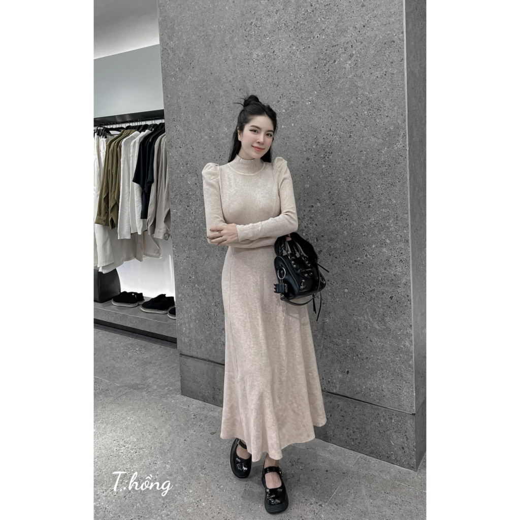 Váy len tay bồng dáng dài trơn 3 màu hót dày dặn