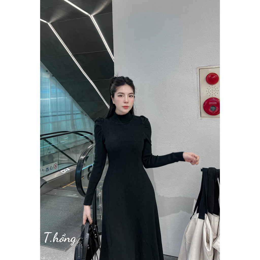 Váy len tay bồng dáng dài trơn 3 màu hót dày dặn