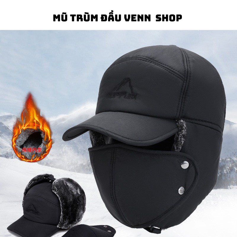 Mũ chùm đầu kèm chống nắng, bảo vệ mặt,Mũ Lưỡi Trai Lót Lông Trùm Tai Kèm Khẩu trang Chống Lạnh Cho Nam