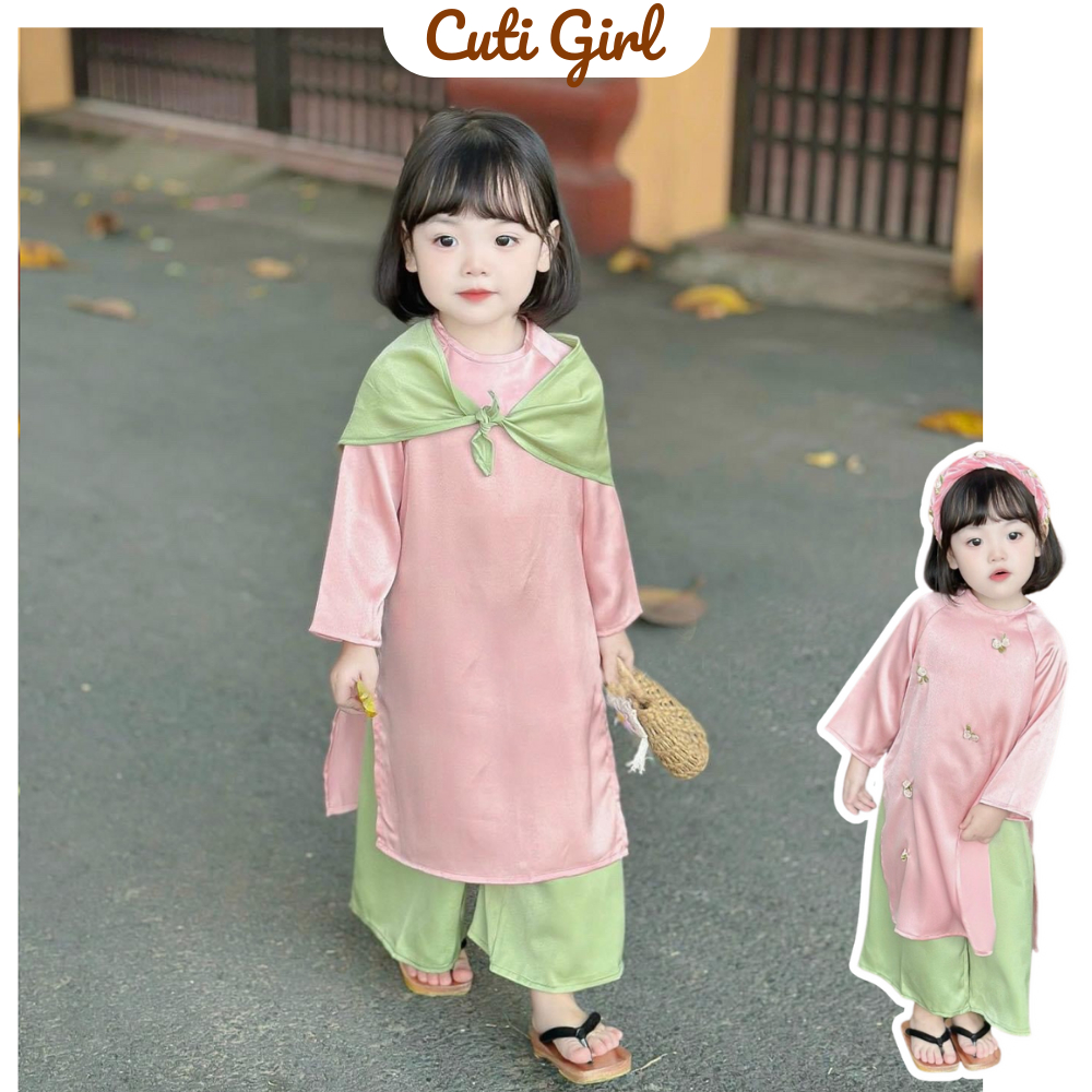 Áo dài bé gái họa tiết hoa nhí hồng tay trắng, Áo dài cách tân cổ tàu TẶNG kèm bờm chất liệu nhung tăm cho bé 10-26kg