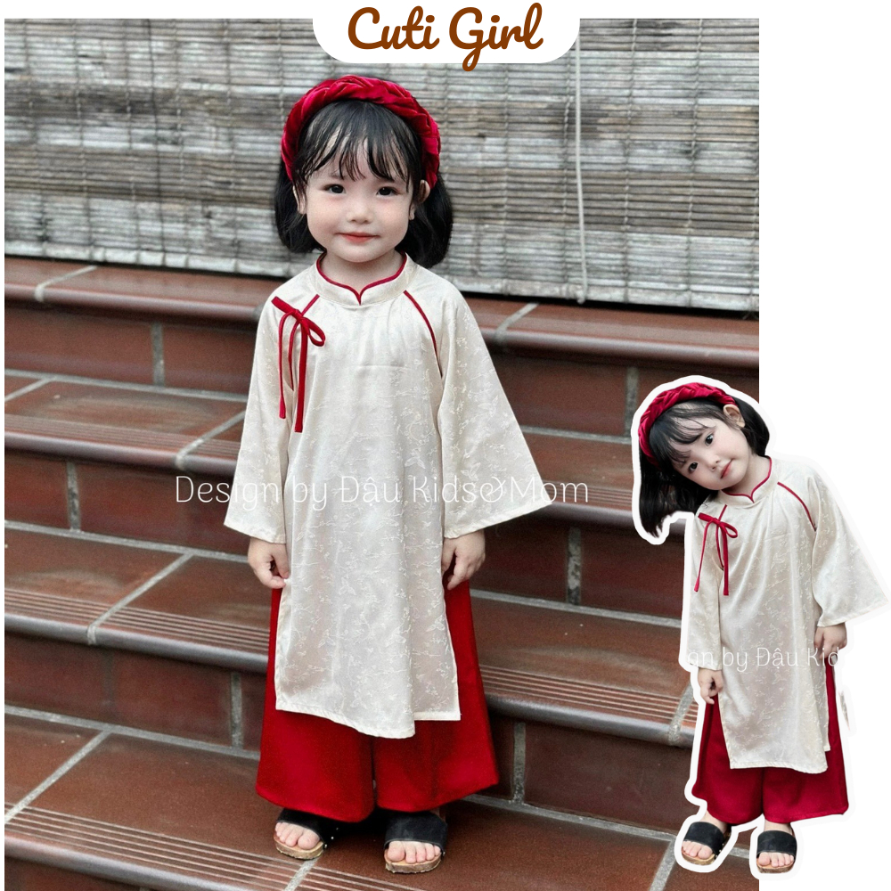 Áo dài bé gái họa tiết hoa nhí hồng tay trắng, Áo dài cách tân cổ tàu TẶNG kèm bờm chất liệu nhung tăm cho bé 10-26kg