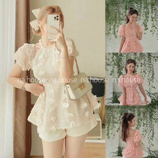  Set áo trễ vai quần đùi đi chơi dạo phố Nahouse set babydoll áo yếm nữ màu hồng nude thiết kế trẻ trung đẹp xinh xịn 