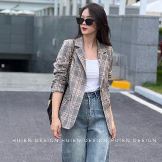 Áo khoác blazer nữ 2 lớp tay dài hàng thiết kế Huien Design hoạ tiết kẻ độc đáo bắt mắt, áo vest nữ form Hàn Quốc