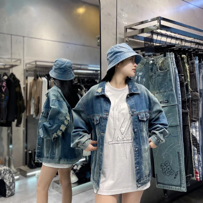 Áo Khoác jean Nữ,Áo Khoác Bò Form Rộng Rách Cá Tính Hàng QC Cao Cấp