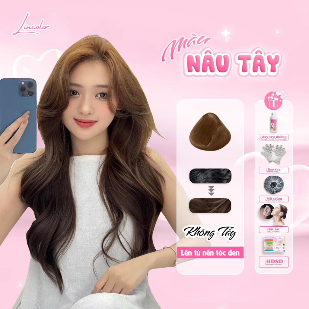 Thuốc nhuộm tóc, thuốc nhuộm tóc màu NÂU TÂY không tẩy, LIN_COLOR, tặng kèm oxy trợ nhuộm và bao tay,trùm đầu, bịt tai