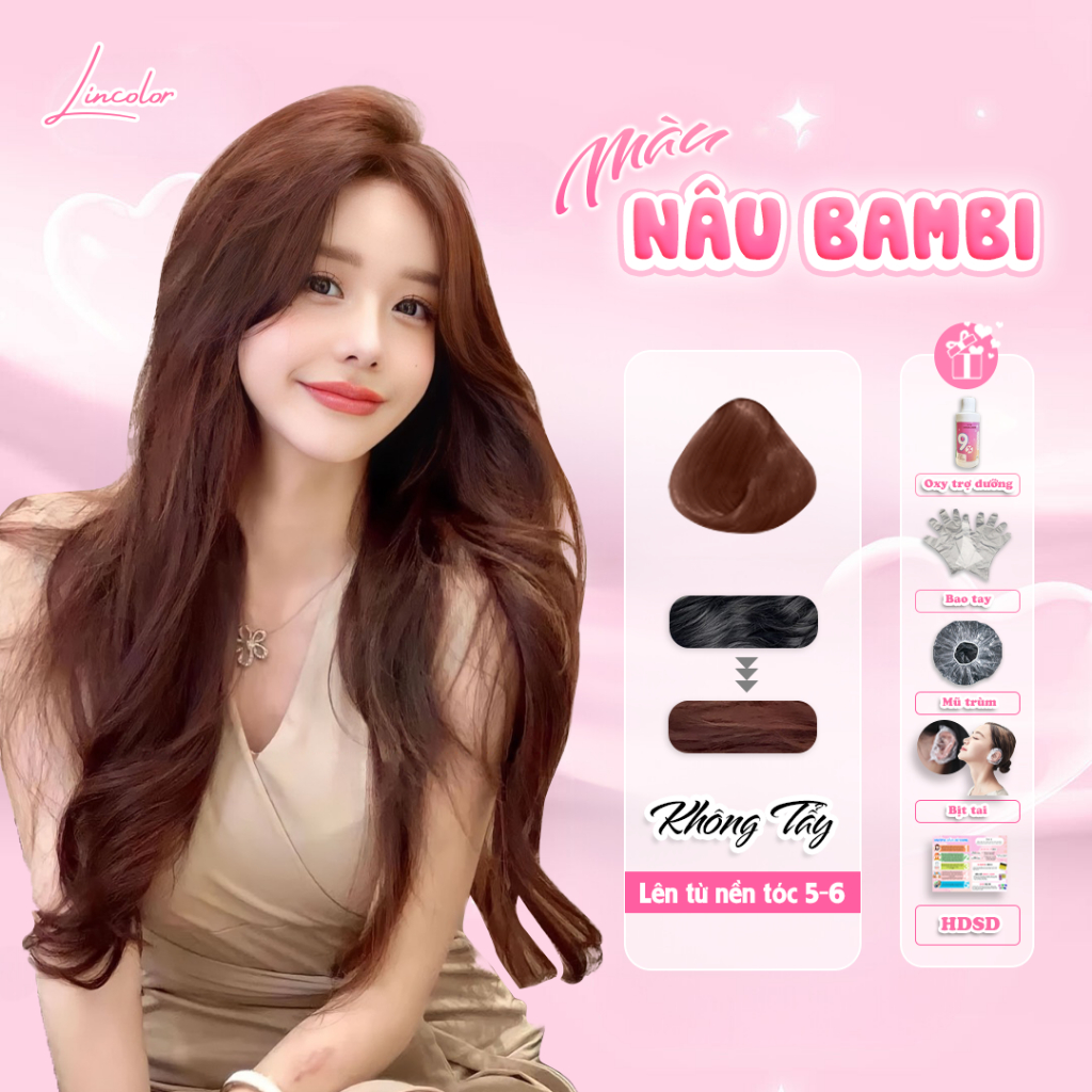 Thuốc nhuộm tóc, thuốc nhuộm tóc màu NÂU BAMBI, LIN_COLOR, tặng kèm oxy trợ nhuộm và bao tay,trùm đầu, bịt tai
