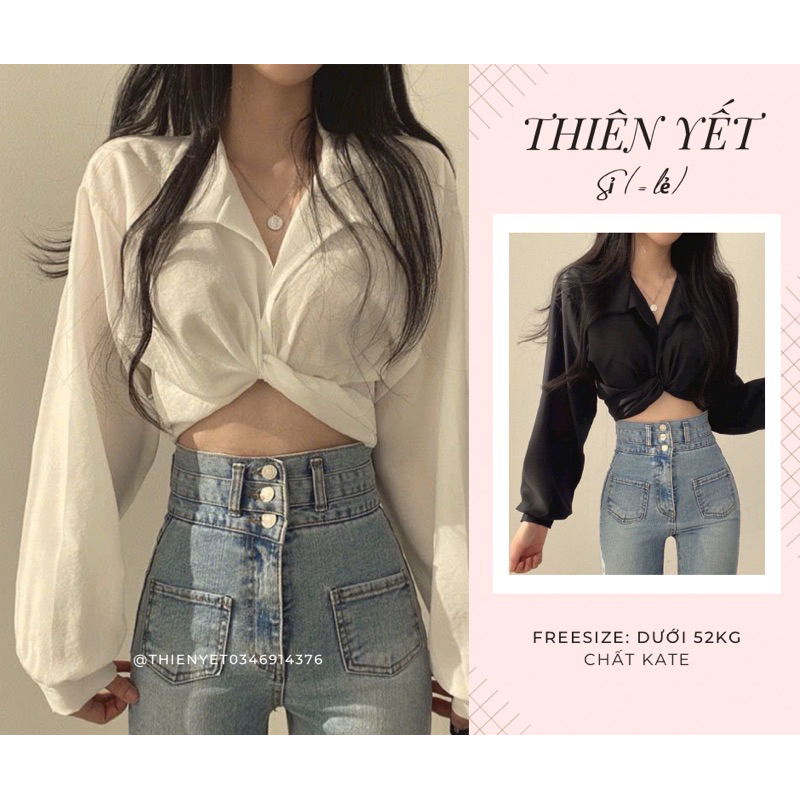 Áo sơ mi croptop XOẮN EO KATE ( UN ) cột nơ sau eo tay dài cổ sơ mi nữ tôn dáng body - Thiên Yết