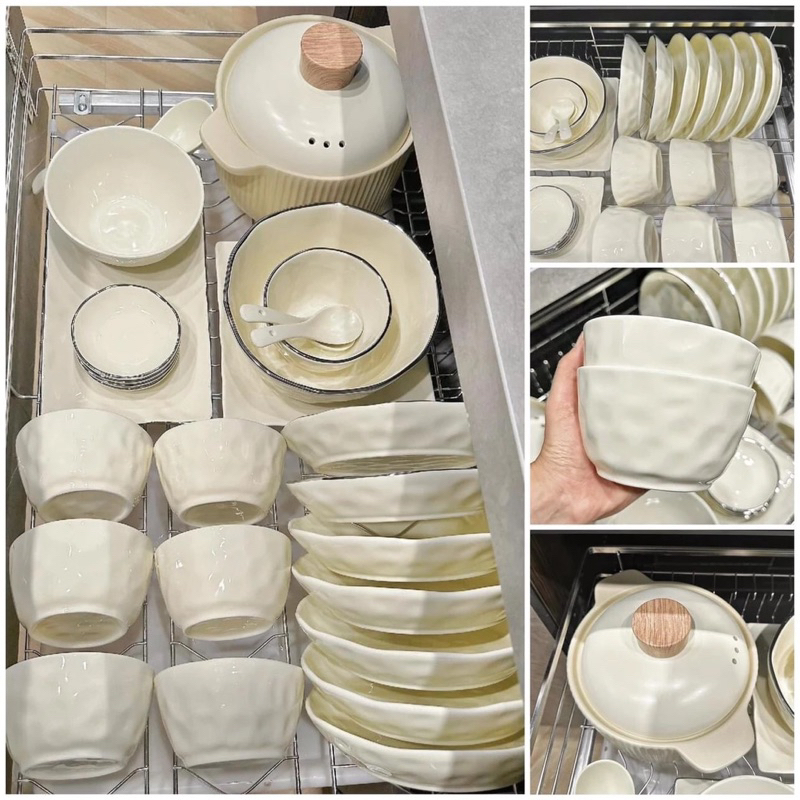 Bộ bát đĩa sứ xanh bơ vàng kem méo lõm độc lạ phong cách Hàn Quốc
