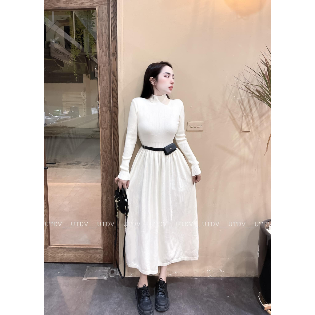 Váy len mềm cổ cao dài tay dáng dài kèm đai túi dày dặn