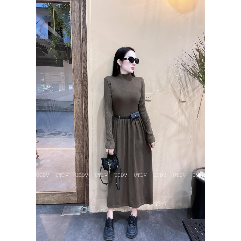 Váy len mềm cổ cao dài tay dáng dài kèm đai túi dày dặn