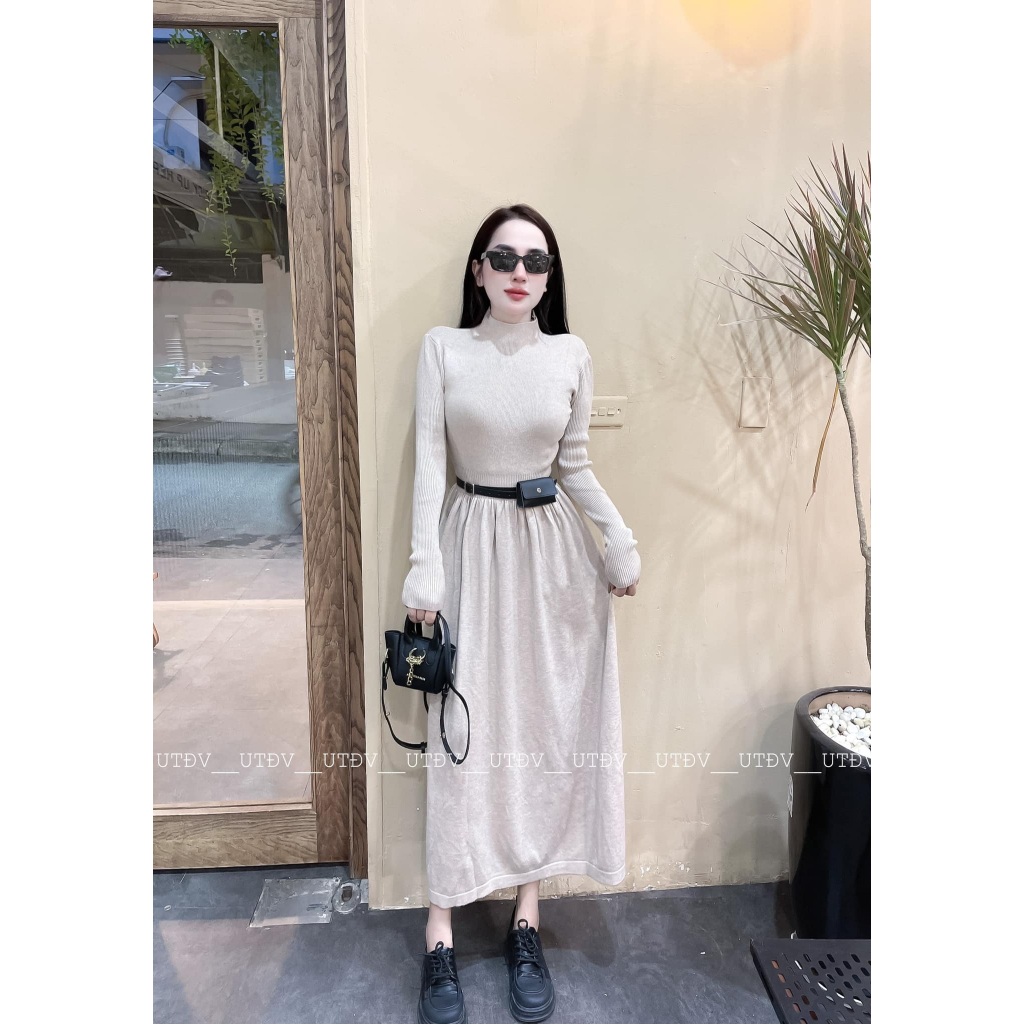 Váy len mềm cổ cao dài tay dáng dài kèm đai túi dày dặn