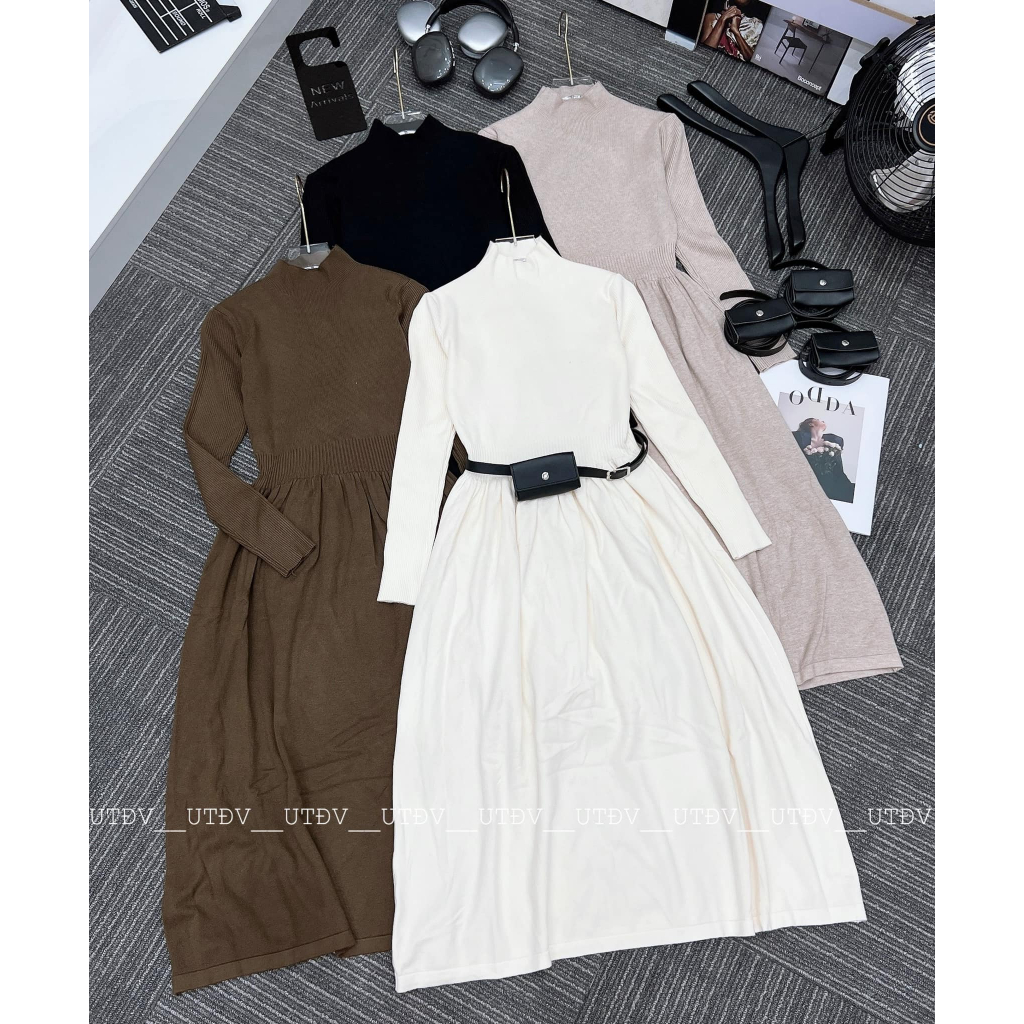 Váy len mềm cổ cao dài tay dáng dài kèm đai túi dày dặn